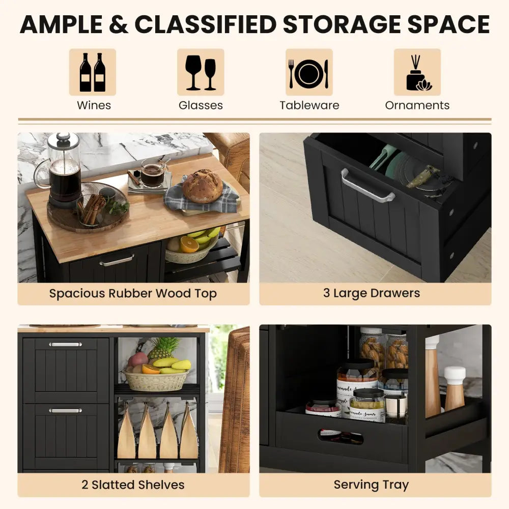 Rolling Kitchen Island Utility Storage Cart with 3 Large Drawers-Black - Black - Kitchen Islands & Carts
