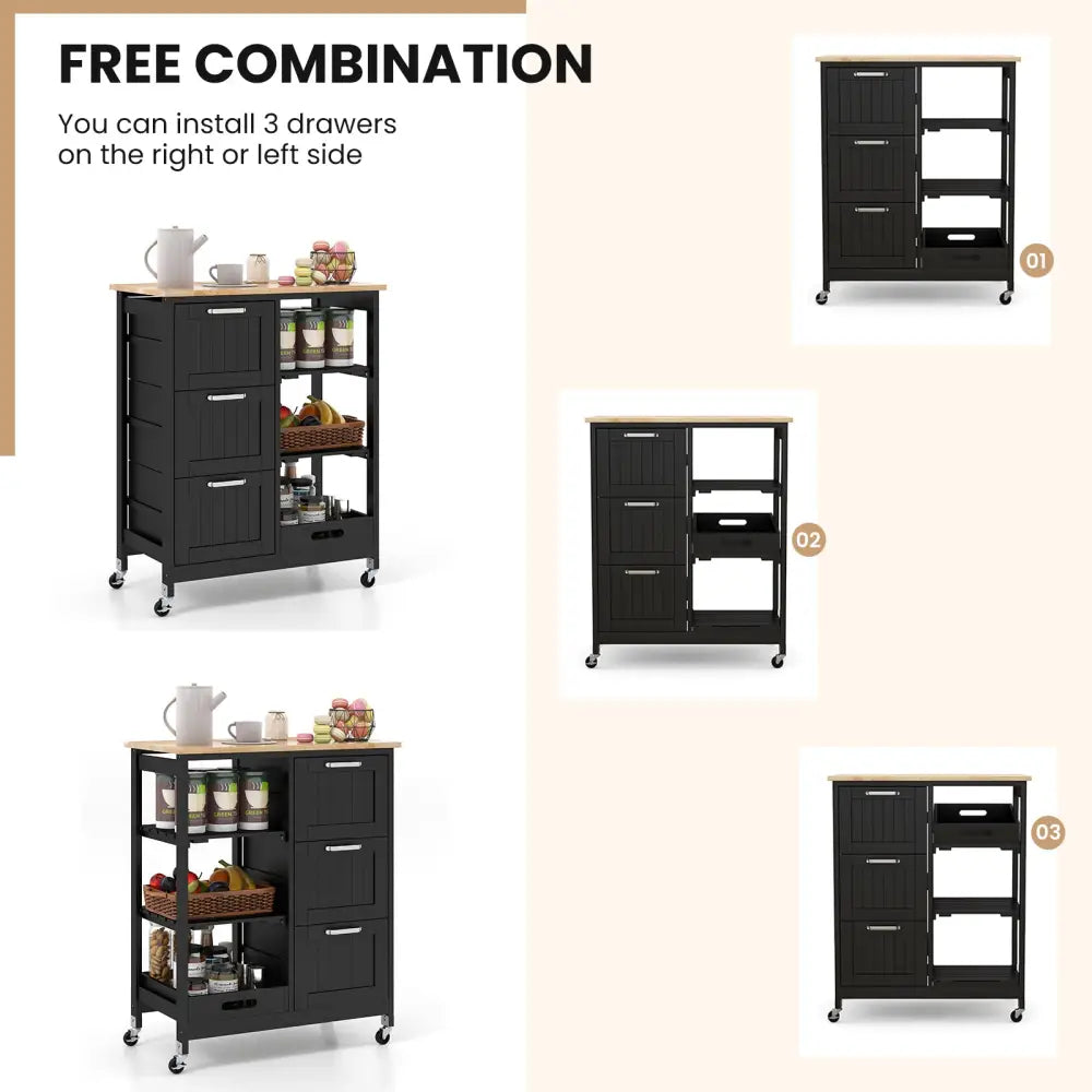 Rolling Kitchen Island Utility Storage Cart with 3 Large Drawers-Black - Black - Kitchen Islands & Carts