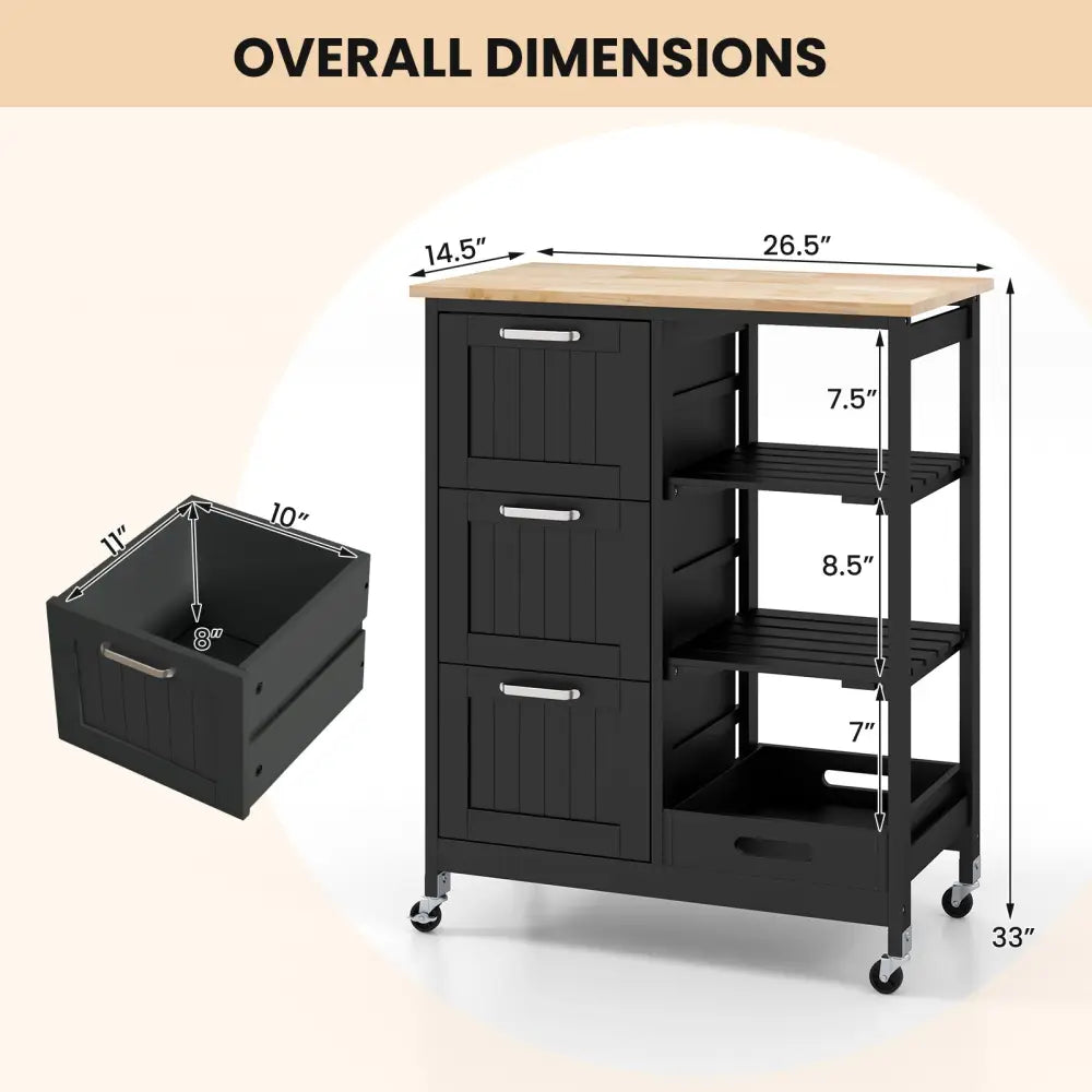Rolling Kitchen Island Utility Storage Cart with 3 Large Drawers-Black - Black - Kitchen Islands & Carts