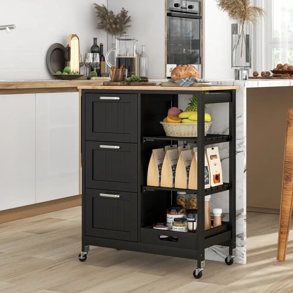 Rolling Kitchen Island Utility Storage Cart with 3 Large Drawers-Black - Black - Kitchen Islands & Carts