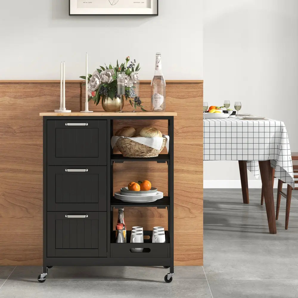 Rolling Kitchen Island Utility Storage Cart with 3 Large Drawers-Black - Black - Kitchen Islands & Carts