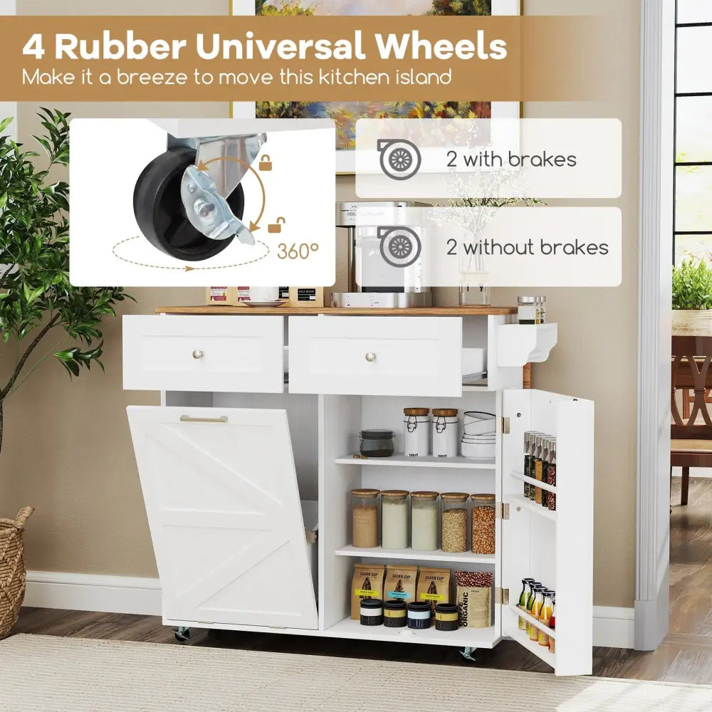 Rolling Kitchen Island with Trash Can Cabinet and Rubber Universal Wheels-White - White - Kitchen Islands & Carts