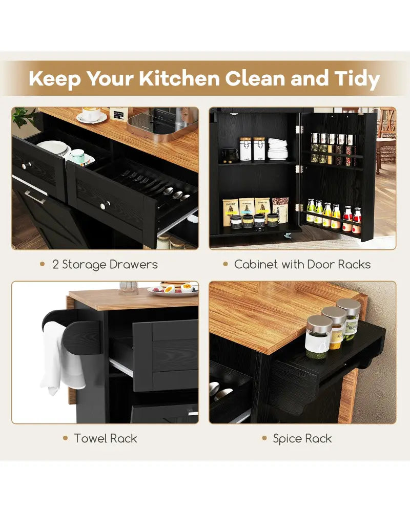 Rolling Kitchen Island with Trash Can Cabinet and Rubber Universal Wheels-Black - Black - Kitchen Islands & Carts