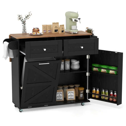 Rolling Kitchen Island with Trash Can Cabinet and Rubber Universal Wheels-Black - Black - Kitchen Islands & Carts