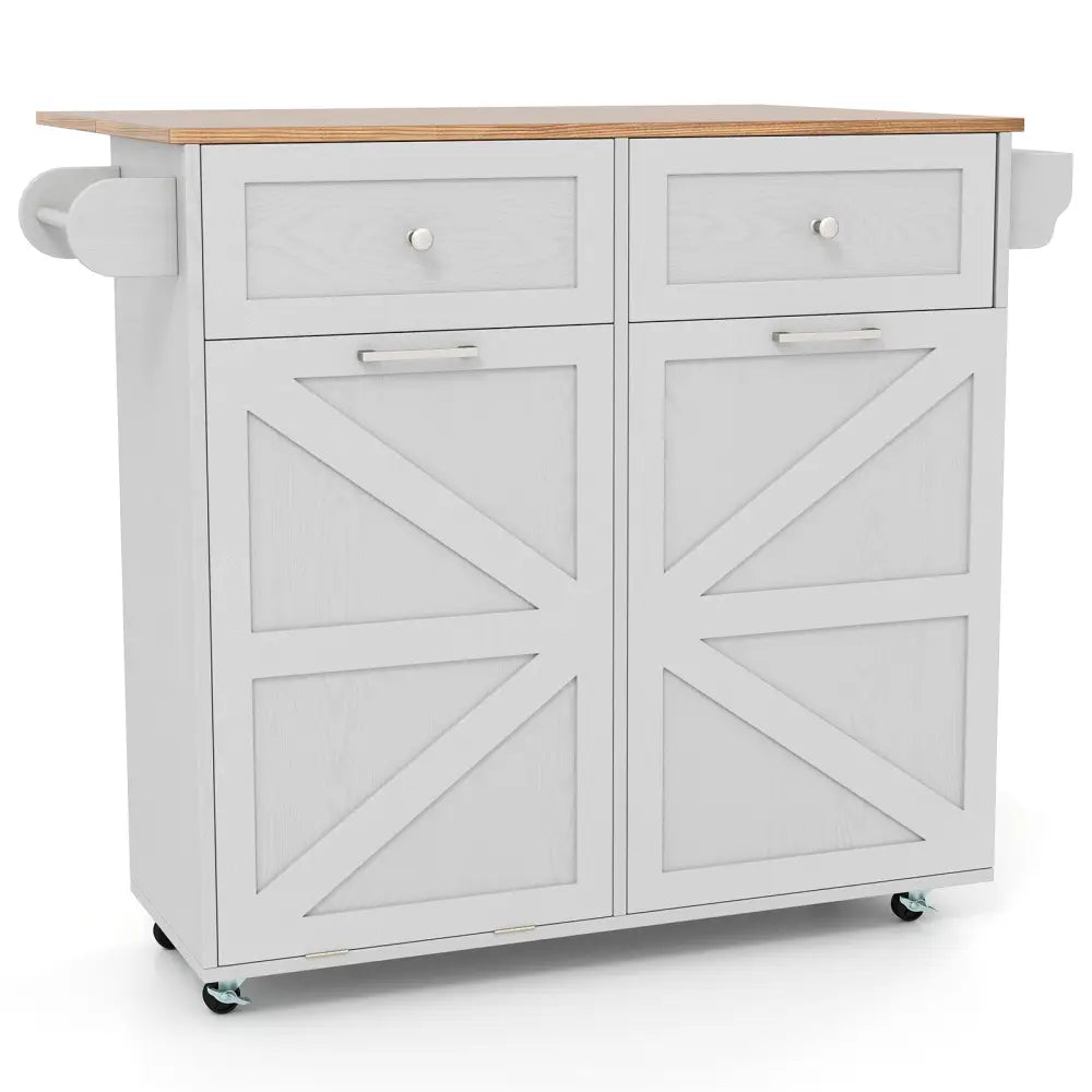 Rolling Kitchen Island with Trash Can Cabinet and Rubber Universal Wheels-Grey - Gray - Kitchen Islands & Carts