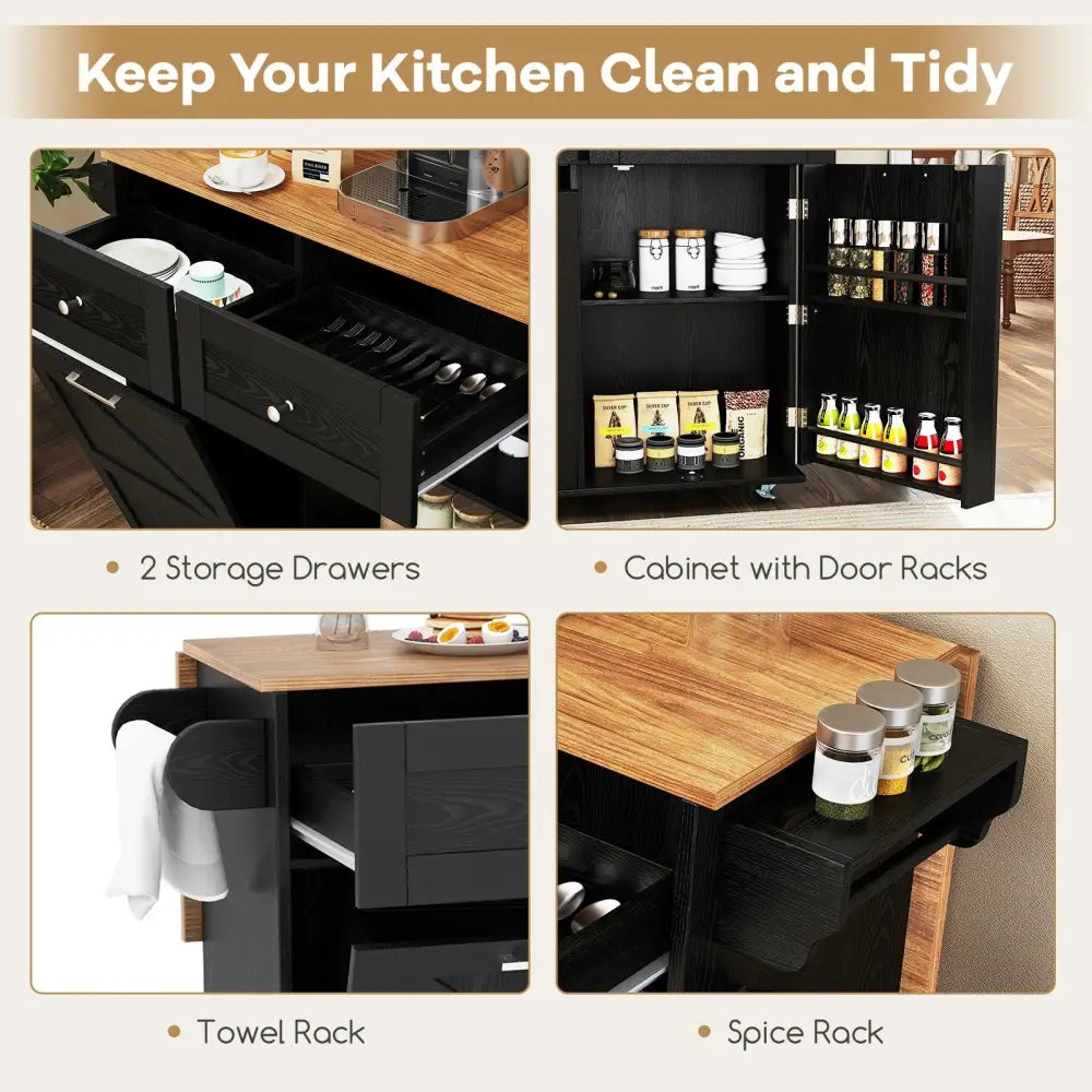 Rolling Kitchen Island with Trash Can Cabinet and Rubber Universal Wheels-Black - Black - Kitchen Islands & Carts