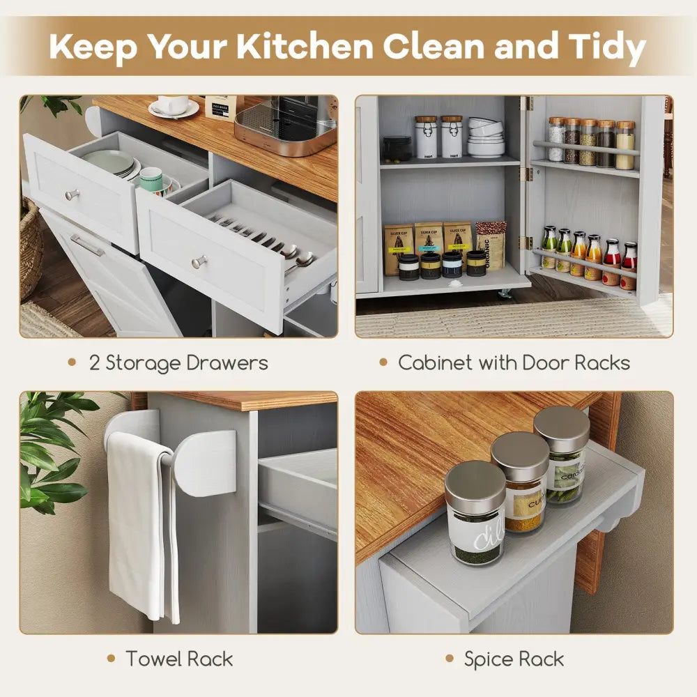 Rolling Kitchen Island with Trash Can Cabinet and Rubber Universal Wheels-Grey - Gray - Kitchen Islands & Carts