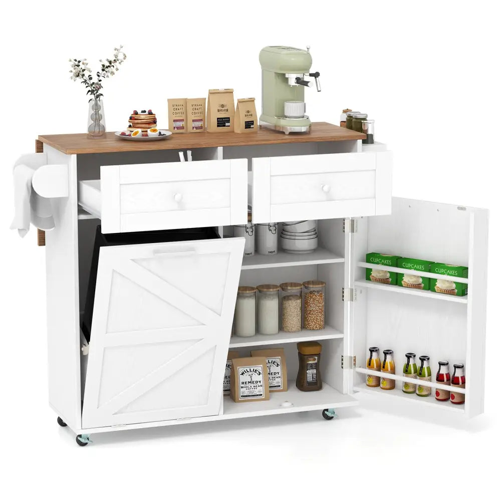 Rolling Kitchen Island with Trash Can Cabinet and Rubber Universal Wheels-White - White - Kitchen Islands & Carts