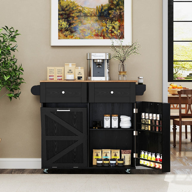 Rolling Kitchen Island with Trash Can Cabinet and Rubber Universal Wheels-Black - Black - Kitchen Islands & Carts