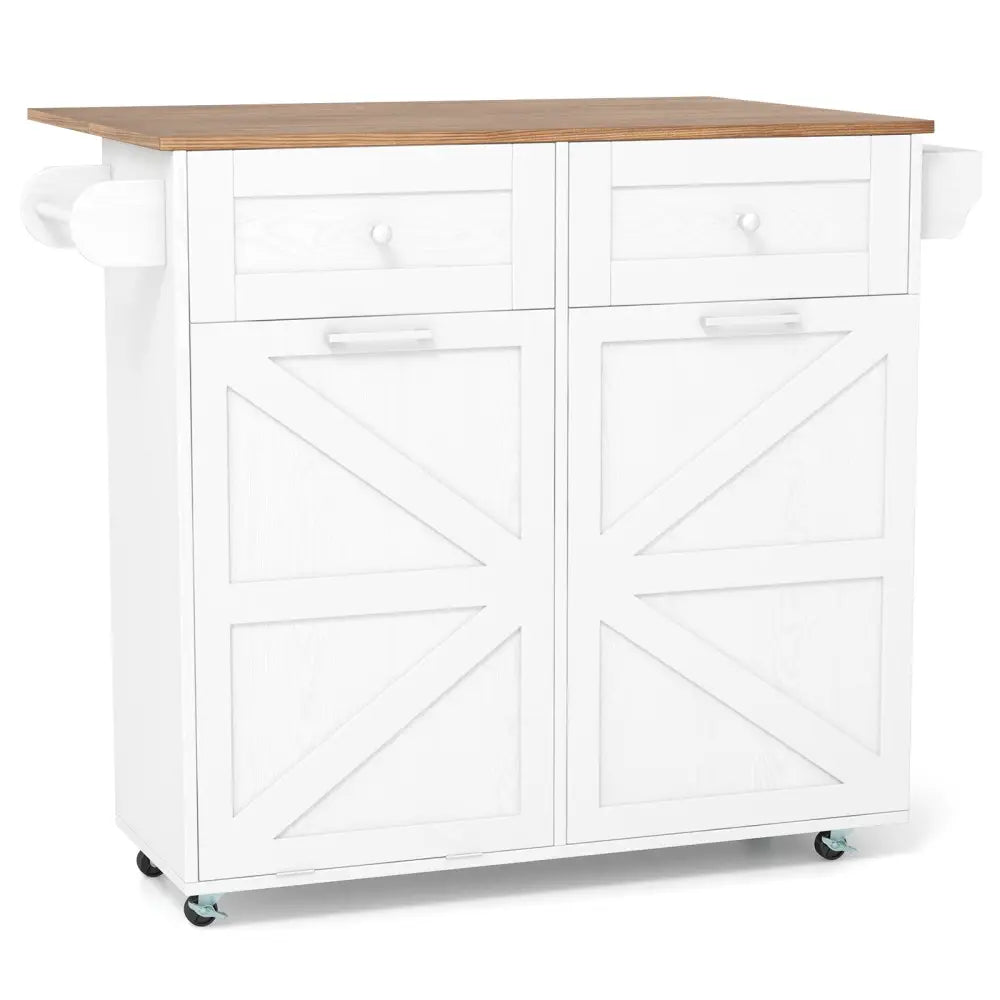 Rolling Kitchen Island with Trash Can Cabinet and Rubber Universal Wheels-White - White - Kitchen Islands & Carts