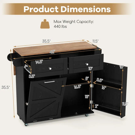 Rolling Kitchen Island with Trash Can Cabinet and Rubber Universal Wheels-Black - Black - Kitchen Islands & Carts