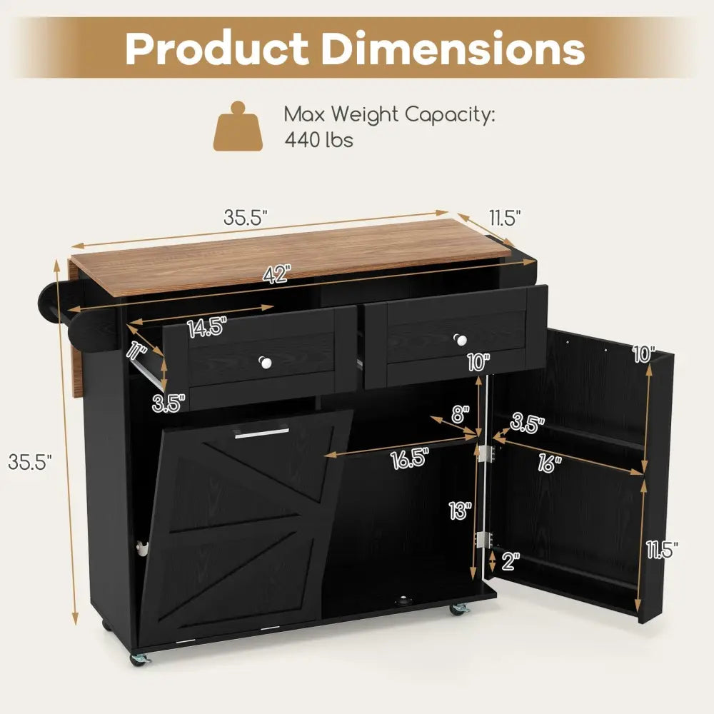 Rolling Kitchen Island with Trash Can Cabinet and Rubber Universal Wheels-Black - Black - Kitchen Islands & Carts