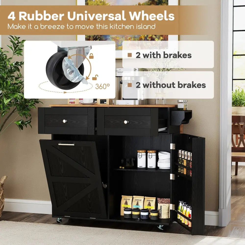 Rolling Kitchen Island with Trash Can Cabinet and Rubber Universal Wheels-Black - Black - Kitchen Islands & Carts