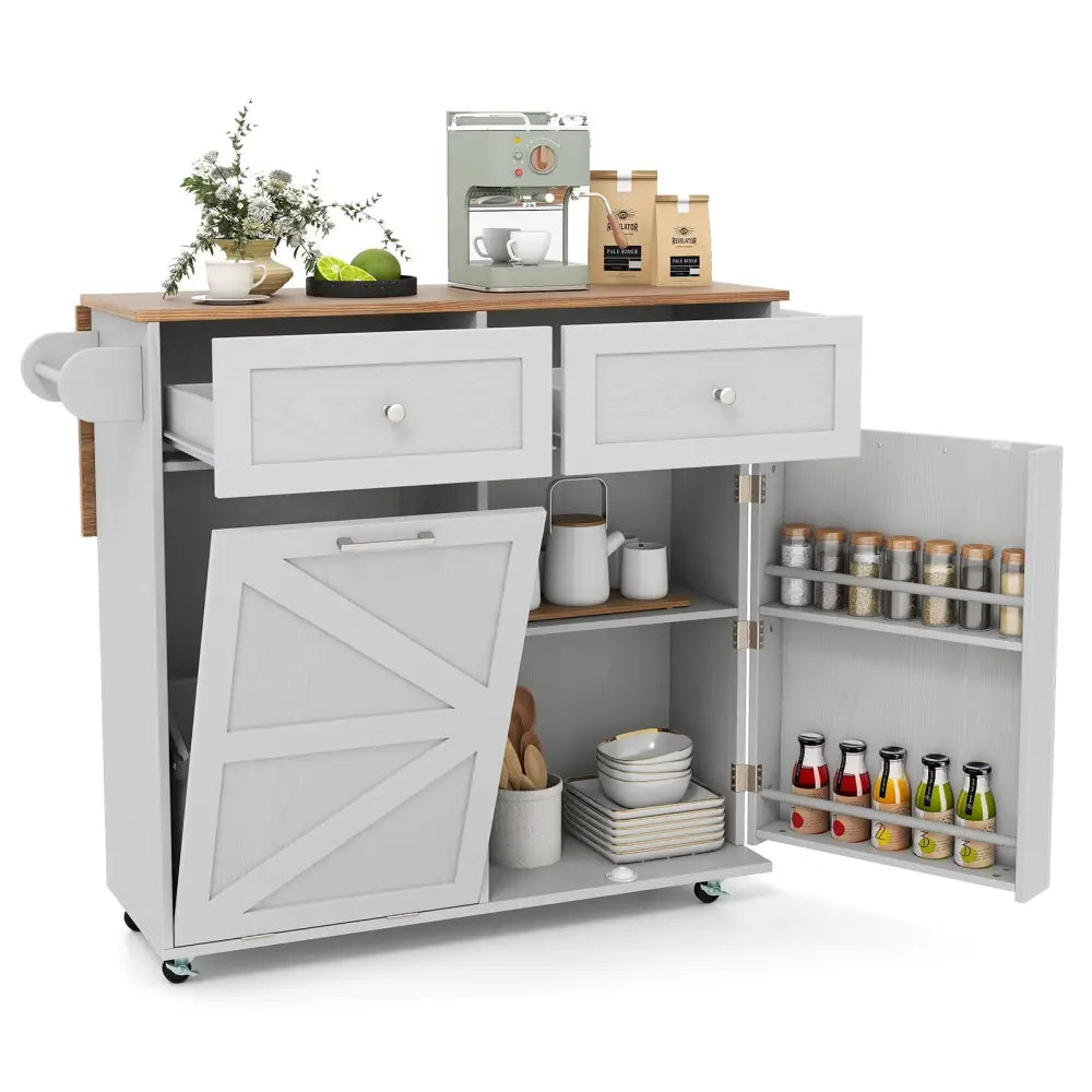 Rolling Kitchen Island with Trash Can Cabinet and Rubber Universal Wheels-Grey - Gray - Kitchen Islands & Carts