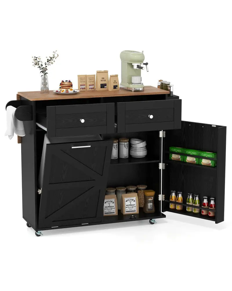 Rolling Kitchen Island with Trash Can Cabinet and Rubber Universal Wheels-Black - Black - Kitchen Islands & Carts
