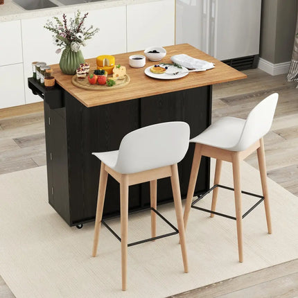 Rolling Kitchen Island with Trash Can Cabinet and Rubber Universal Wheels-Black - Black - Kitchen Islands & Carts