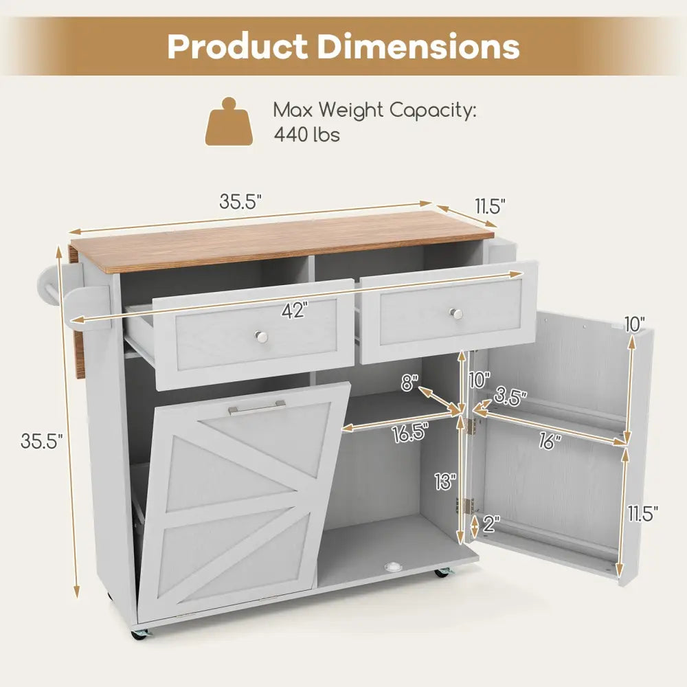 Rolling Kitchen Island with Trash Can Cabinet and Rubber Universal Wheels-Grey - Gray - Kitchen Islands & Carts