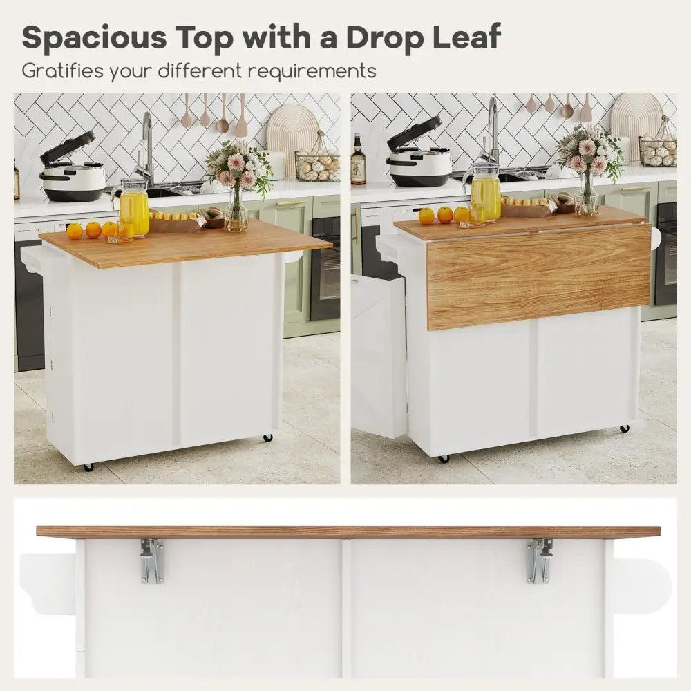 Rolling Kitchen Island with Trash Can Cabinet and Rubber Universal Wheels-White - White - Kitchen Islands & Carts