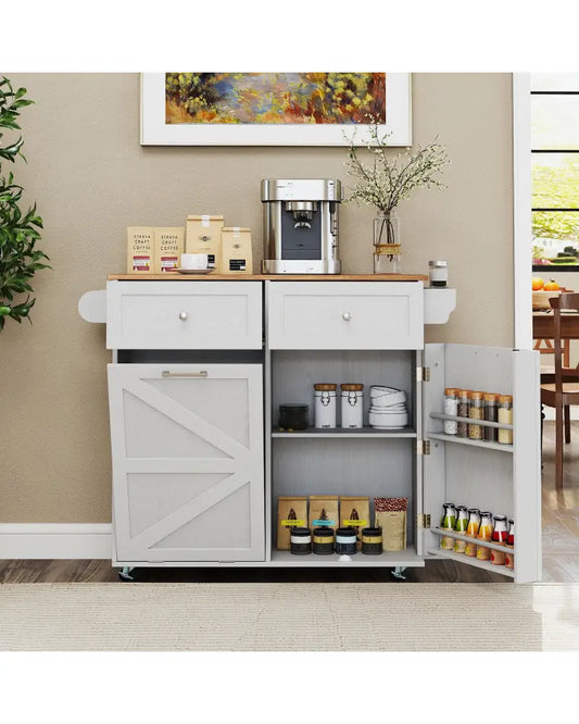 Rolling Kitchen Island with Trash Can Cabinet and Rubber Universal Wheels-Grey - Gray - Kitchen Islands & Carts
