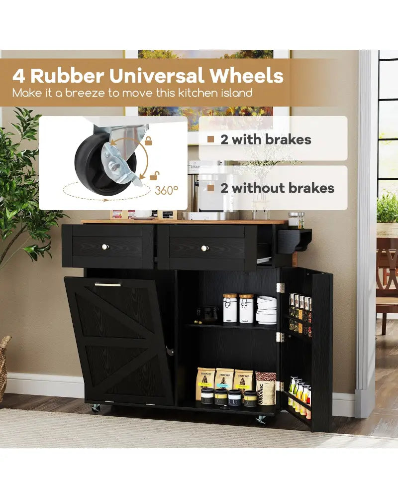 Rolling Kitchen Island with Trash Can Cabinet and Rubber Universal Wheels-Black - Black - Kitchen Islands & Carts