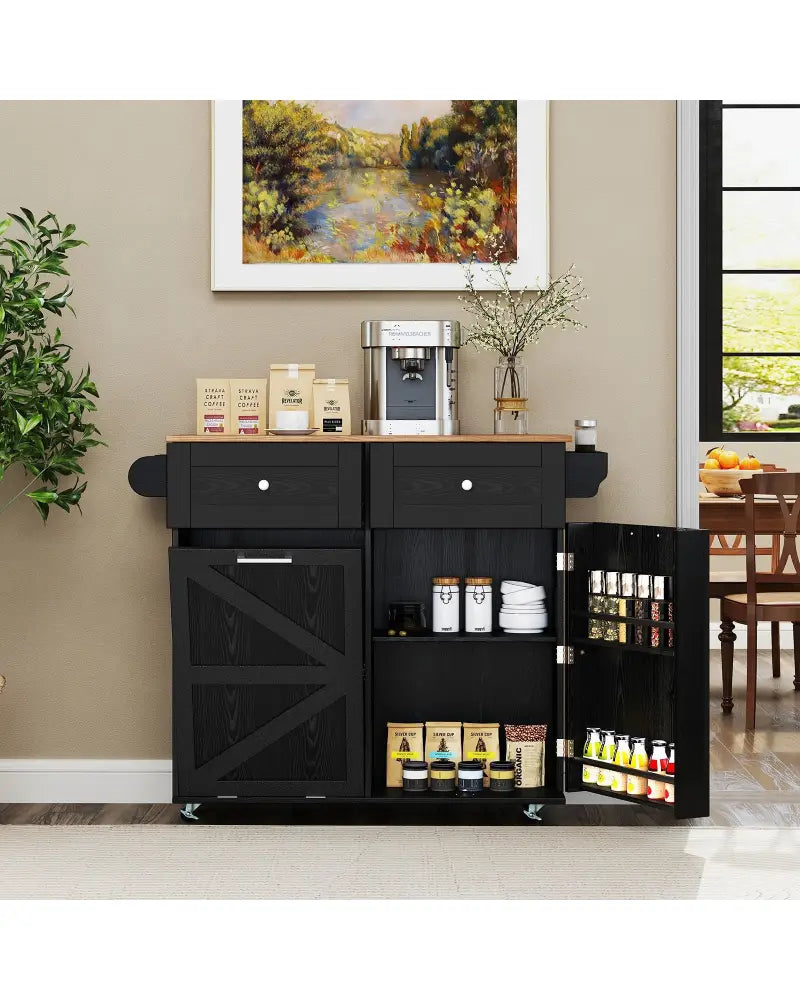 Rolling Kitchen Island with Trash Can Cabinet and Rubber Universal Wheels-Black - Black - Kitchen Islands & Carts