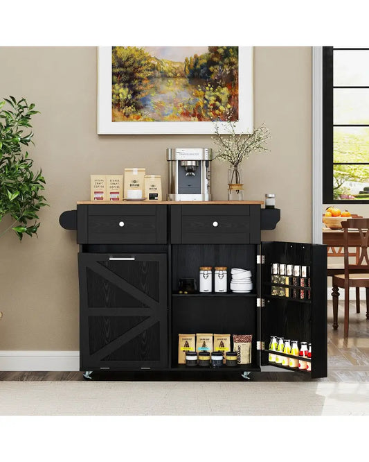 Rolling Kitchen Island with Trash Can Cabinet and Rubber Universal Wheels-Black - Black - Kitchen Islands & Carts