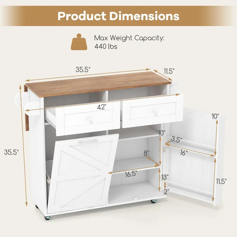 Rolling Kitchen Island with Trash Can Cabinet and Rubber Universal Wheels-White - White - Kitchen Islands & Carts