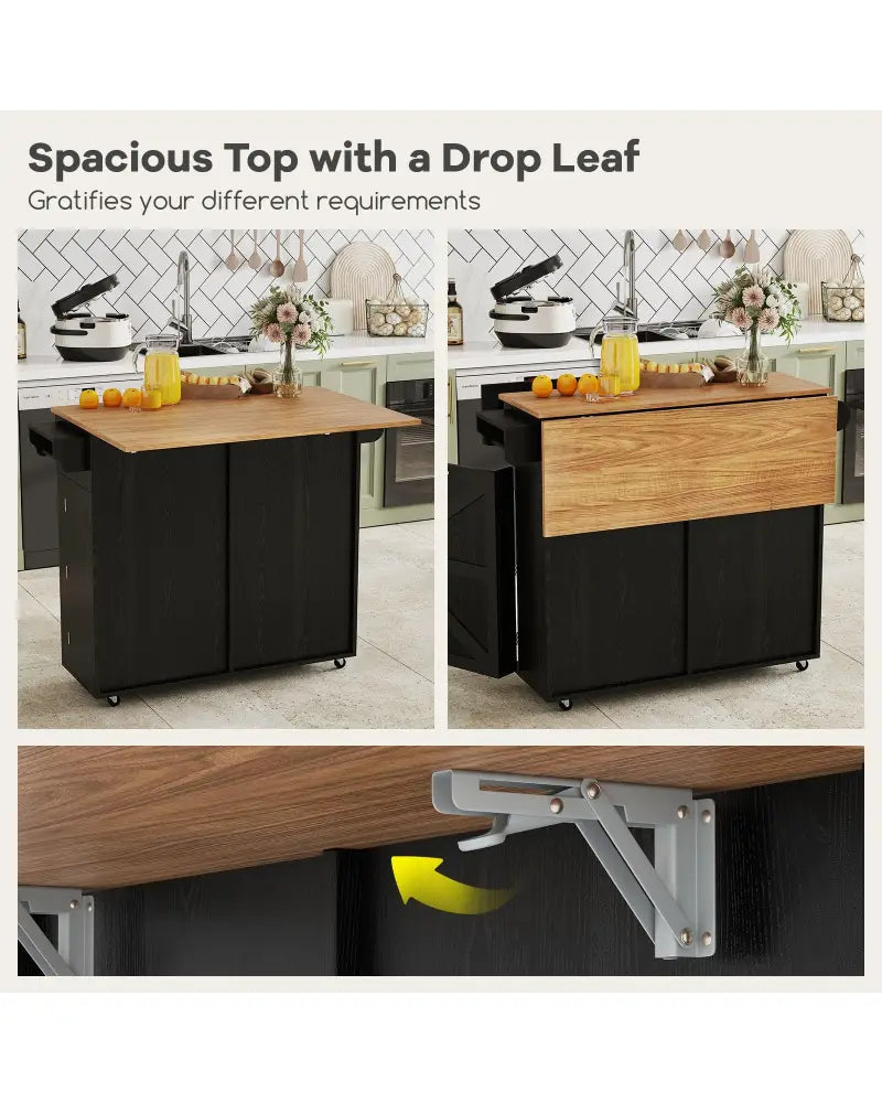 Rolling Kitchen Island with Trash Can Cabinet and Rubber Universal Wheels-Black - Black - Kitchen Islands & Carts