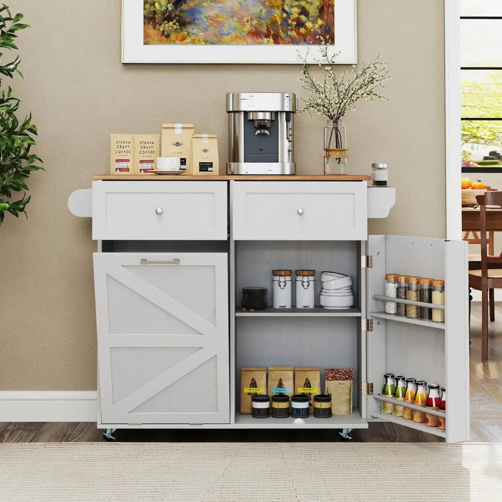 Rolling Kitchen Island with Trash Can Cabinet and Rubber Universal Wheels-Grey - Gray - Kitchen Islands & Carts