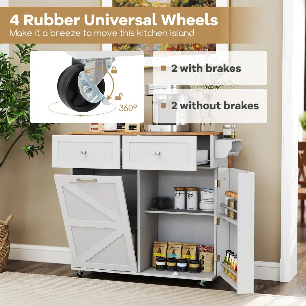 Rolling Kitchen Island with Trash Can Cabinet and Rubber Universal Wheels-Grey - Gray - Kitchen Islands & Carts