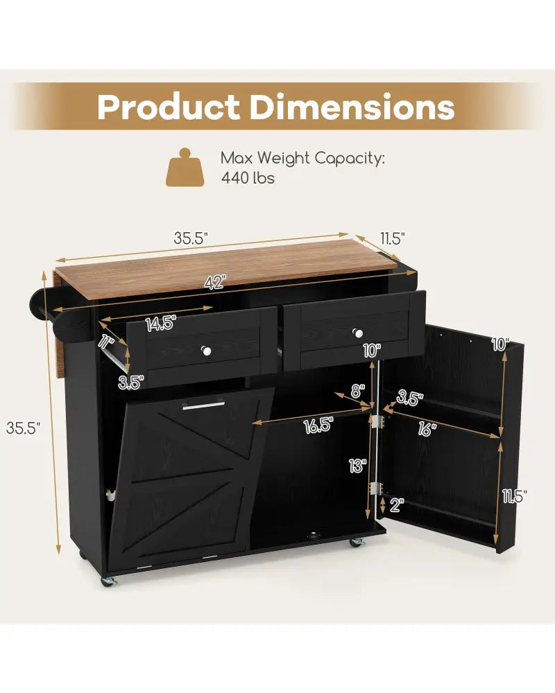 Rolling Kitchen Island with Trash Can Cabinet and Rubber Universal Wheels-Black - Black - Kitchen Islands & Carts