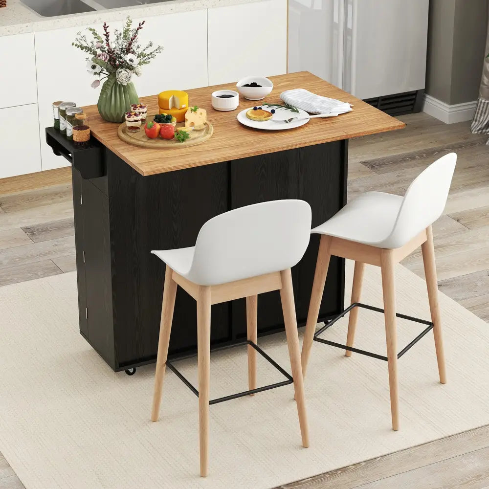 Rolling Kitchen Island with Trash Can Cabinet and Rubber Universal Wheels-Black - Black - Kitchen Islands & Carts
