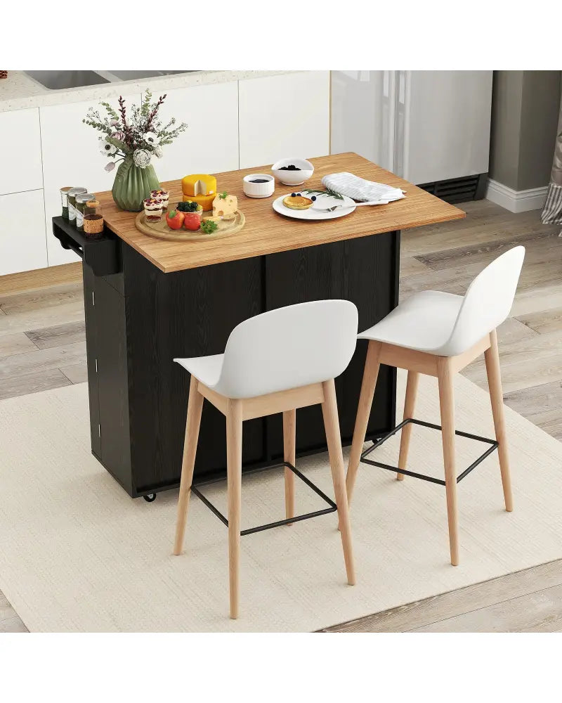 Rolling Kitchen Island with Trash Can Cabinet and Rubber Universal Wheels-Black - Black - Kitchen Islands & Carts