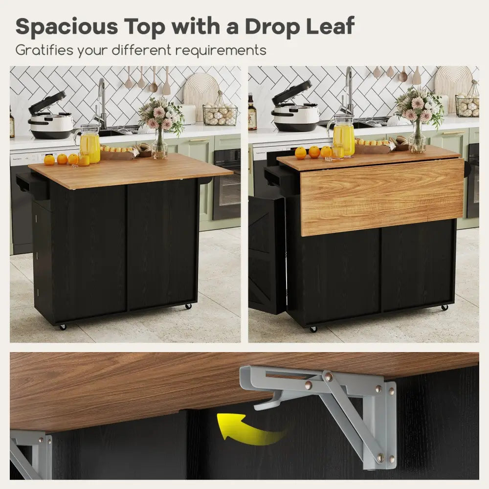 Rolling Kitchen Island with Trash Can Cabinet and Rubber Universal Wheels-Black - Black - Kitchen Islands & Carts