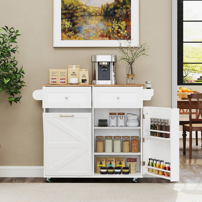Rolling Kitchen Island with Trash Can Cabinet and Rubber Universal Wheels-White - White - Kitchen Islands & Carts