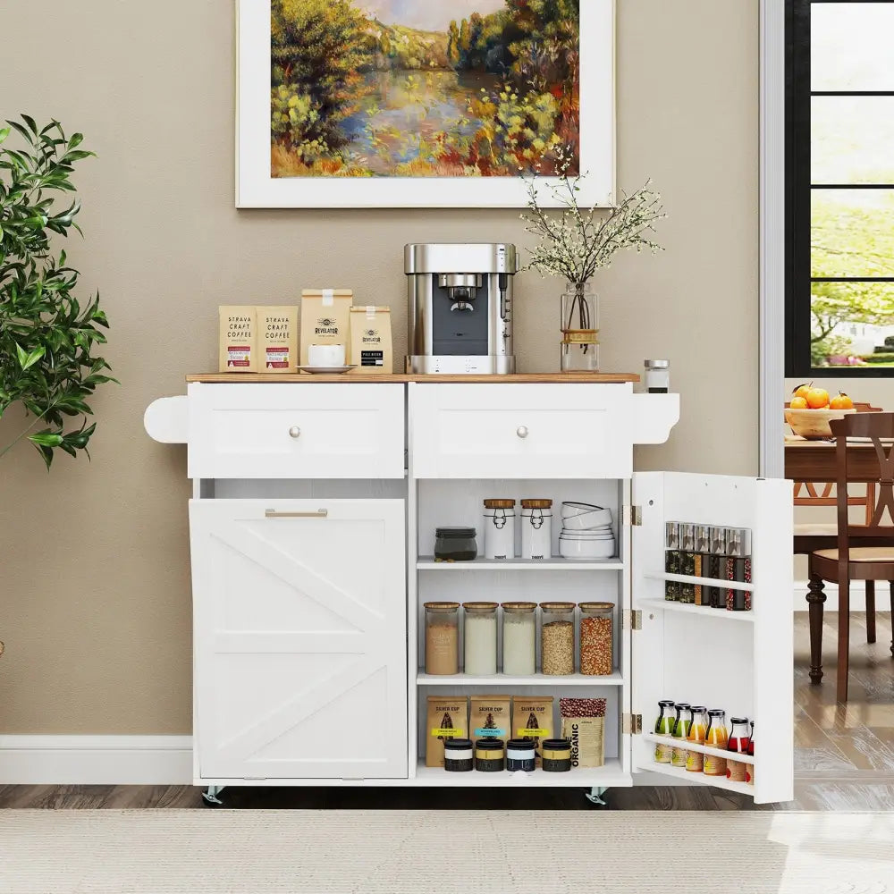 Rolling Kitchen Island with Trash Can Cabinet and Rubber Universal Wheels-White - White - Kitchen Islands & Carts