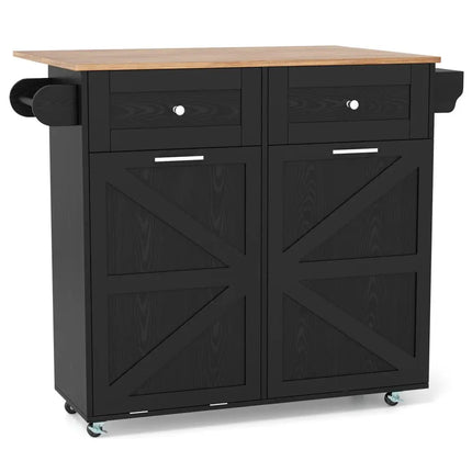 Rolling Kitchen Island with Trash Can Cabinet and Rubber Universal Wheels-Black - Black - Kitchen Islands & Carts