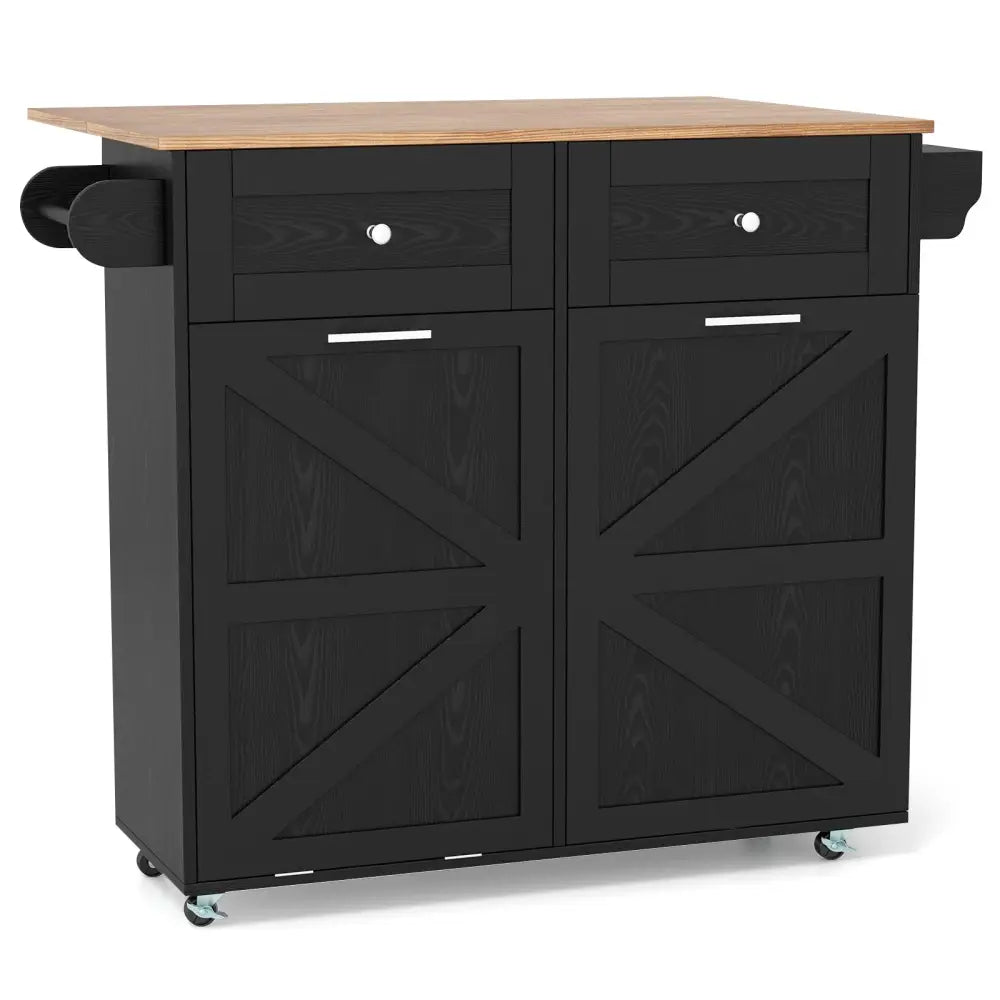 Rolling Kitchen Island with Trash Can Cabinet and Rubber Universal Wheels-Black - Black - Kitchen Islands & Carts