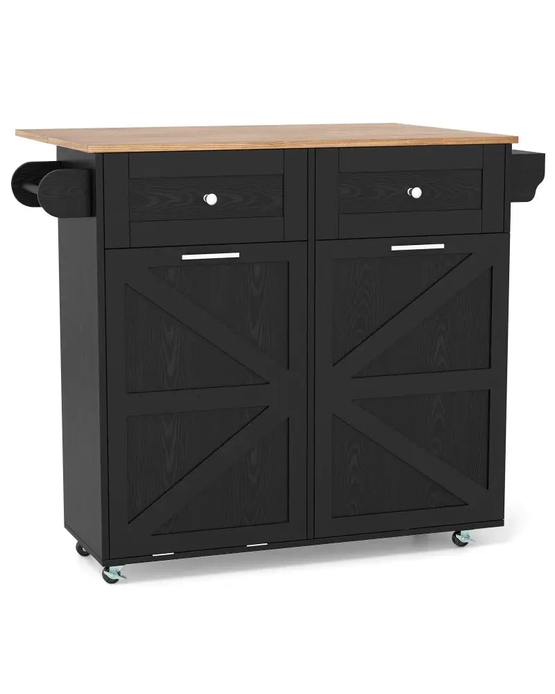 Rolling Kitchen Island with Trash Can Cabinet and Rubber Universal Wheels-Black - Black - Kitchen Islands & Carts