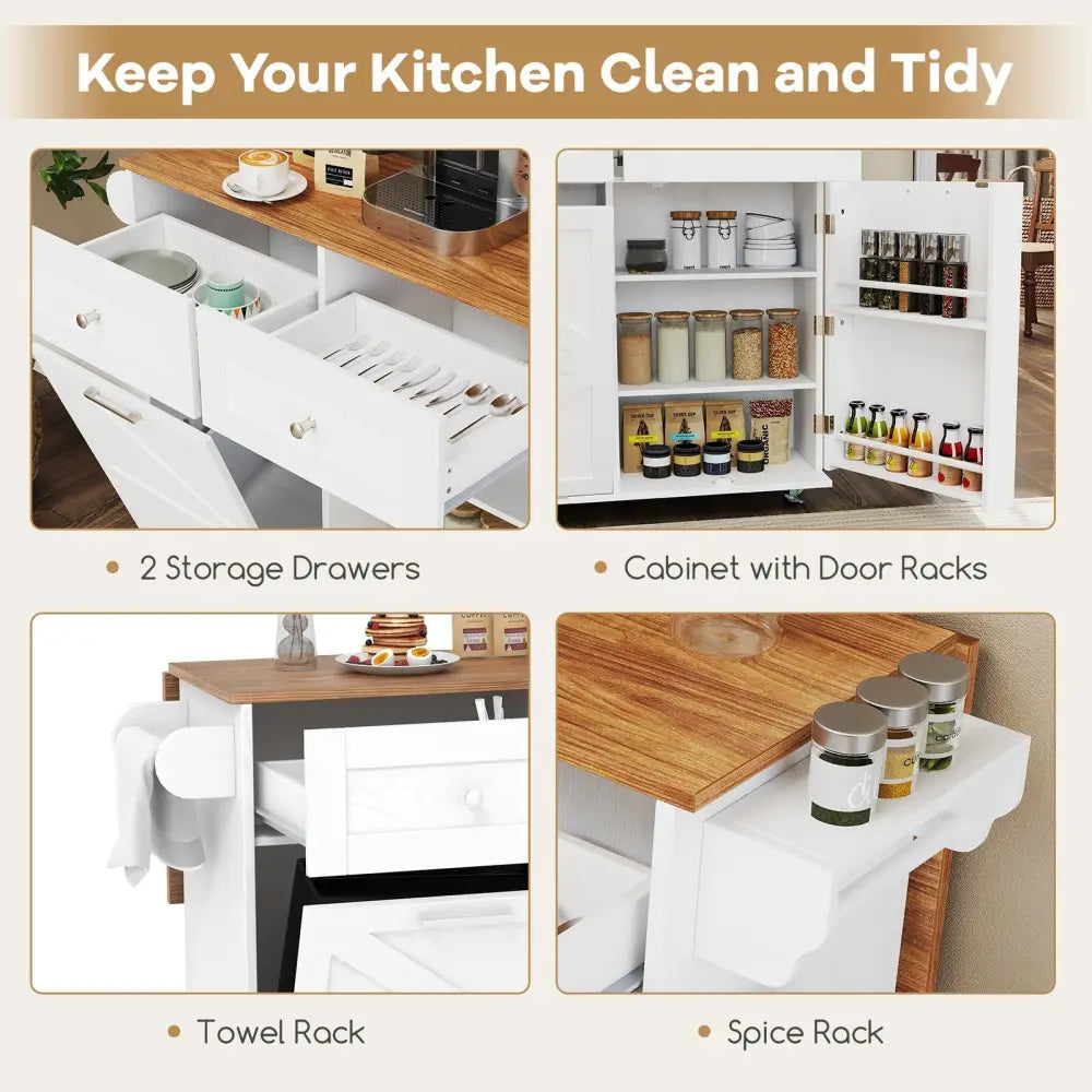 Rolling Kitchen Island with Trash Can Cabinet and Rubber Universal Wheels-White - White - Kitchen Islands & Carts