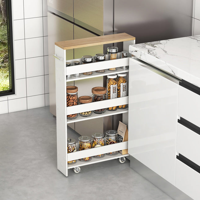 Rolling Kitchen Slim Storage Cart Mobile Shelving Organizer with Handle-White - White - Kitchen Islands & Carts