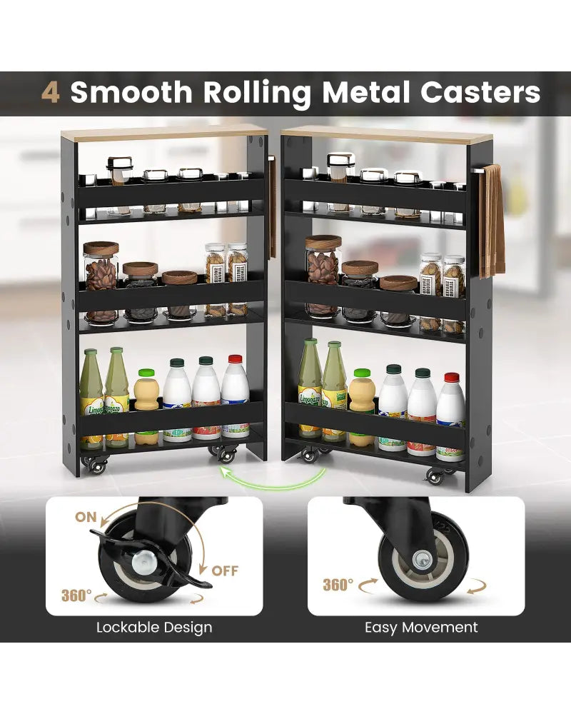 Rolling Kitchen Slim Storage Cart Mobile Shelving Organizer with Handle-Black - Black - Kitchen Islands & Carts