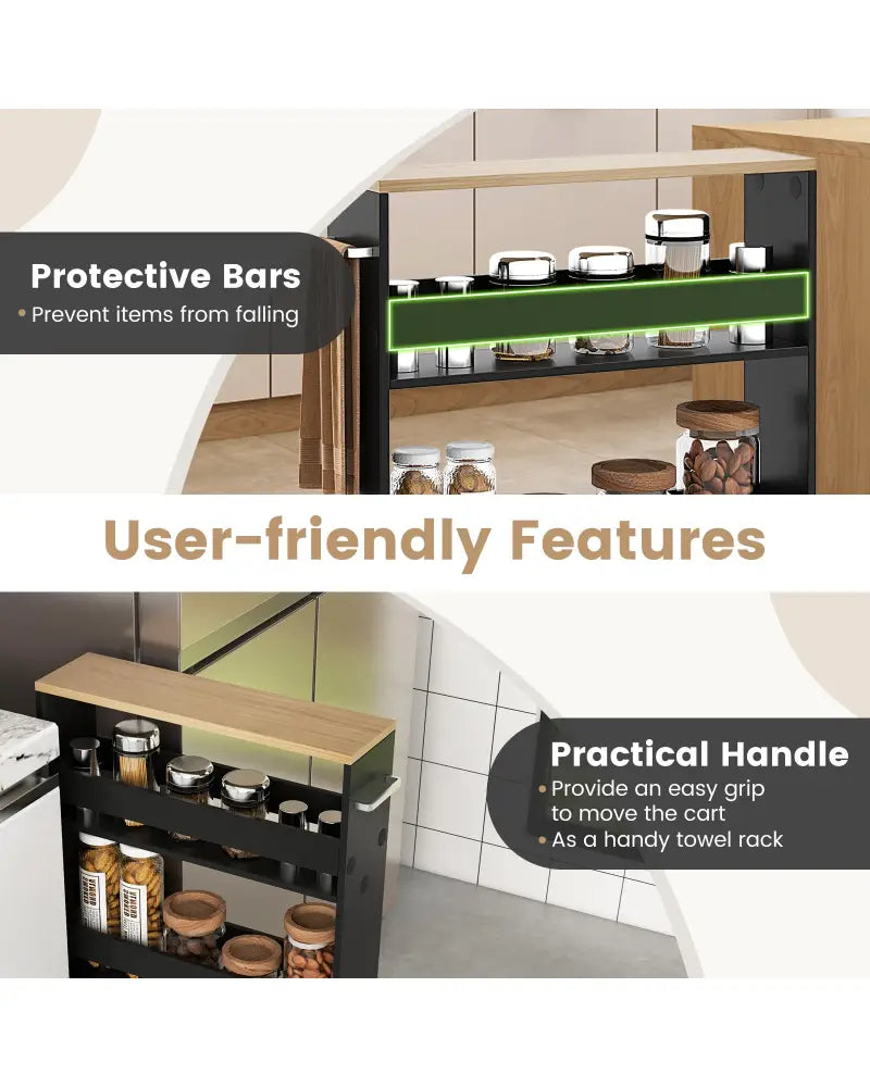 Rolling Kitchen Slim Storage Cart Mobile Shelving Organizer with Handle-Black - Black - Kitchen Islands & Carts