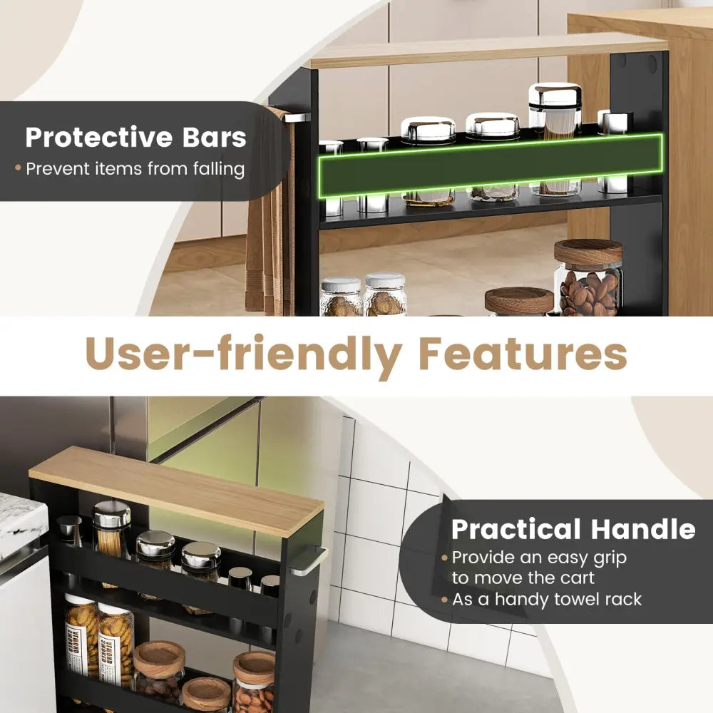 Rolling Kitchen Slim Storage Cart Mobile Shelving Organizer with Handle-Black - Black - Kitchen Islands & Carts