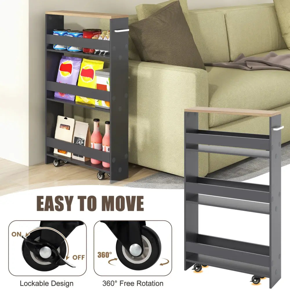Rolling Kitchen Slim Storage Cart Mobile Shelving Organizer with Handle-Gray - Gray - Kitchen Islands & Carts