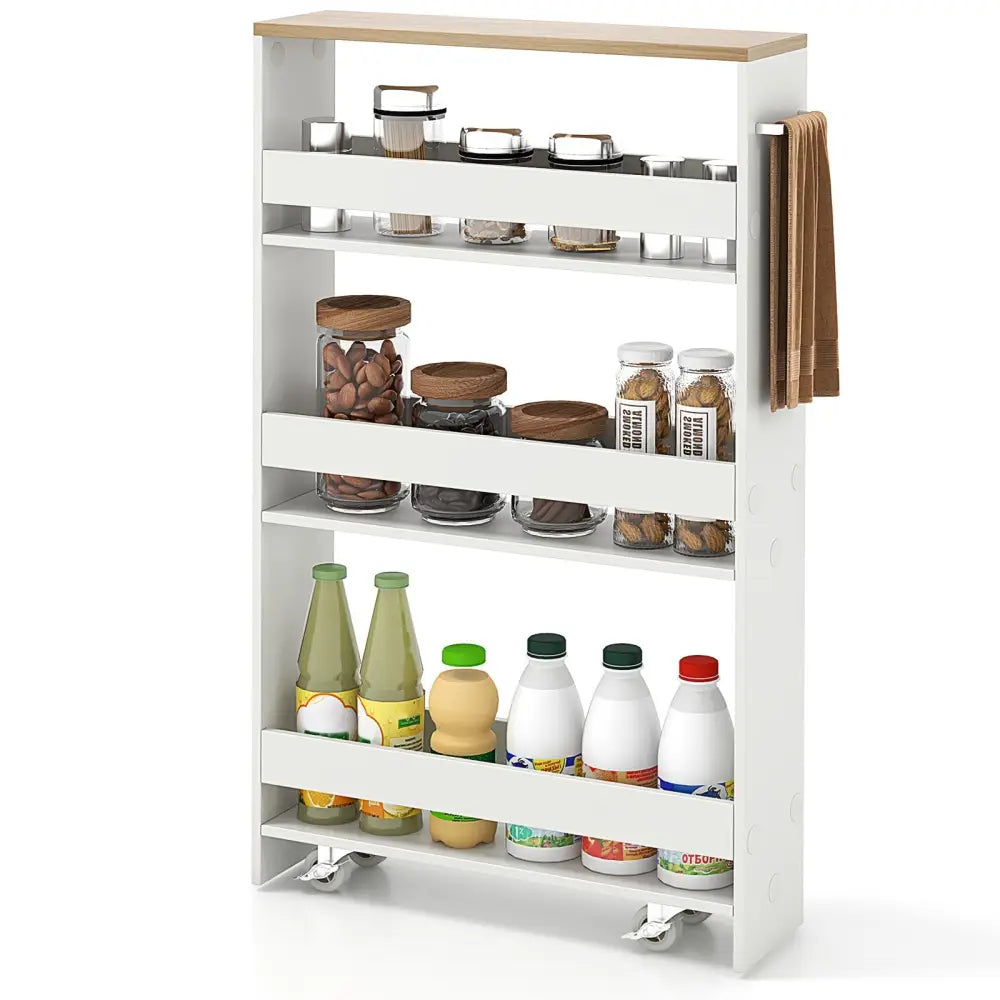 Rolling Kitchen Slim Storage Cart Mobile Shelving Organizer with Handle-White - White - Kitchen Islands & Carts