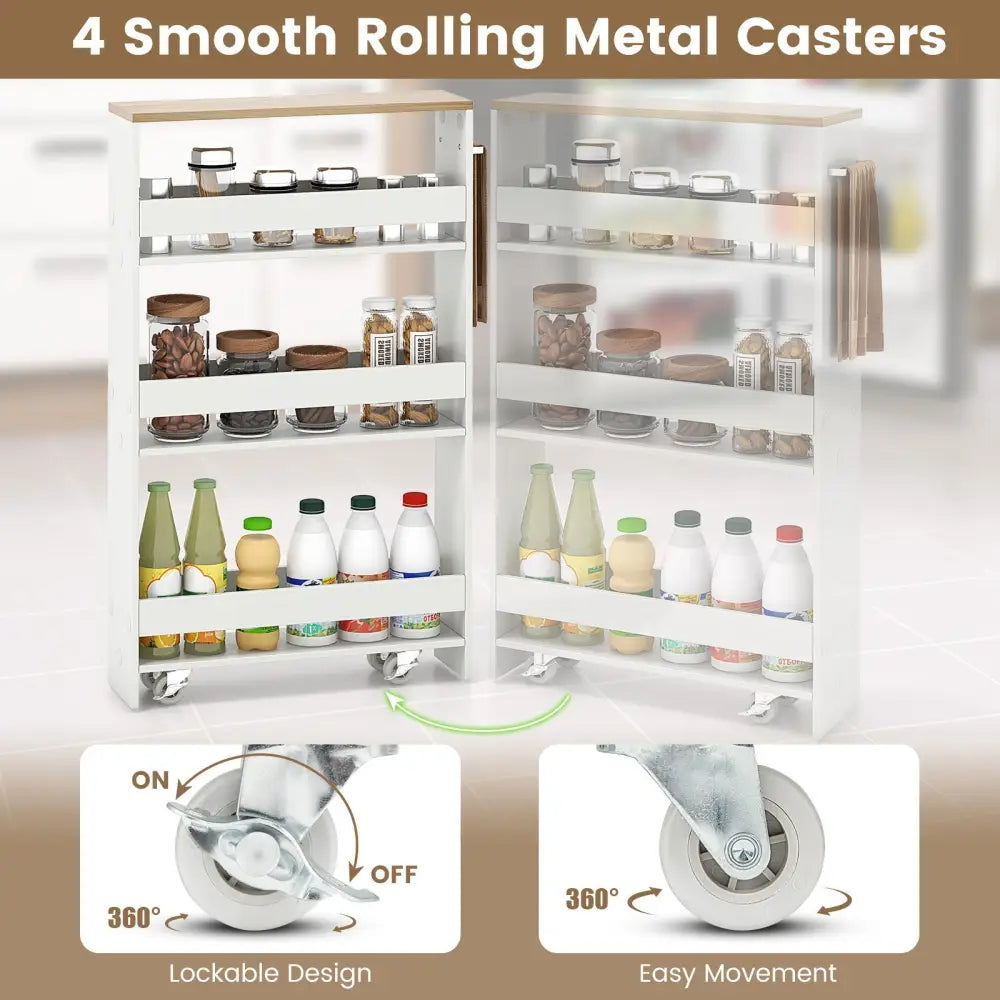 Rolling Kitchen Slim Storage Cart Mobile Shelving Organizer with Handle-White - White - Kitchen Islands & Carts