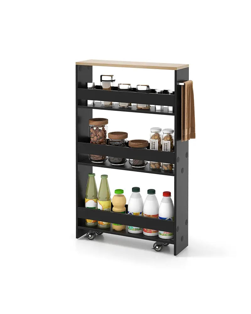 Rolling Kitchen Slim Storage Cart Mobile Shelving Organizer with Handle-Black - Black - Kitchen Islands & Carts