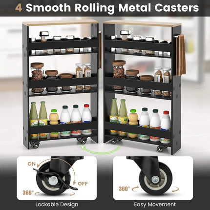 Rolling Kitchen Slim Storage Cart Mobile Shelving Organizer with Handle-Black - Black - Kitchen Islands & Carts