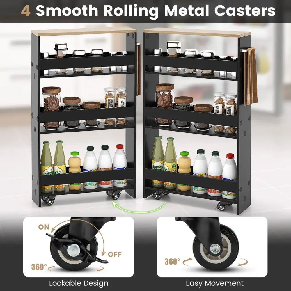 Rolling Kitchen Slim Storage Cart Mobile Shelving Organizer with Handle-Black - Black - Kitchen Islands & Carts